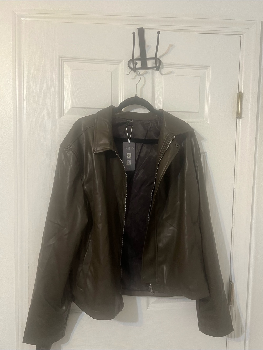 Mens Faux Leather Jacket in Dark Olive